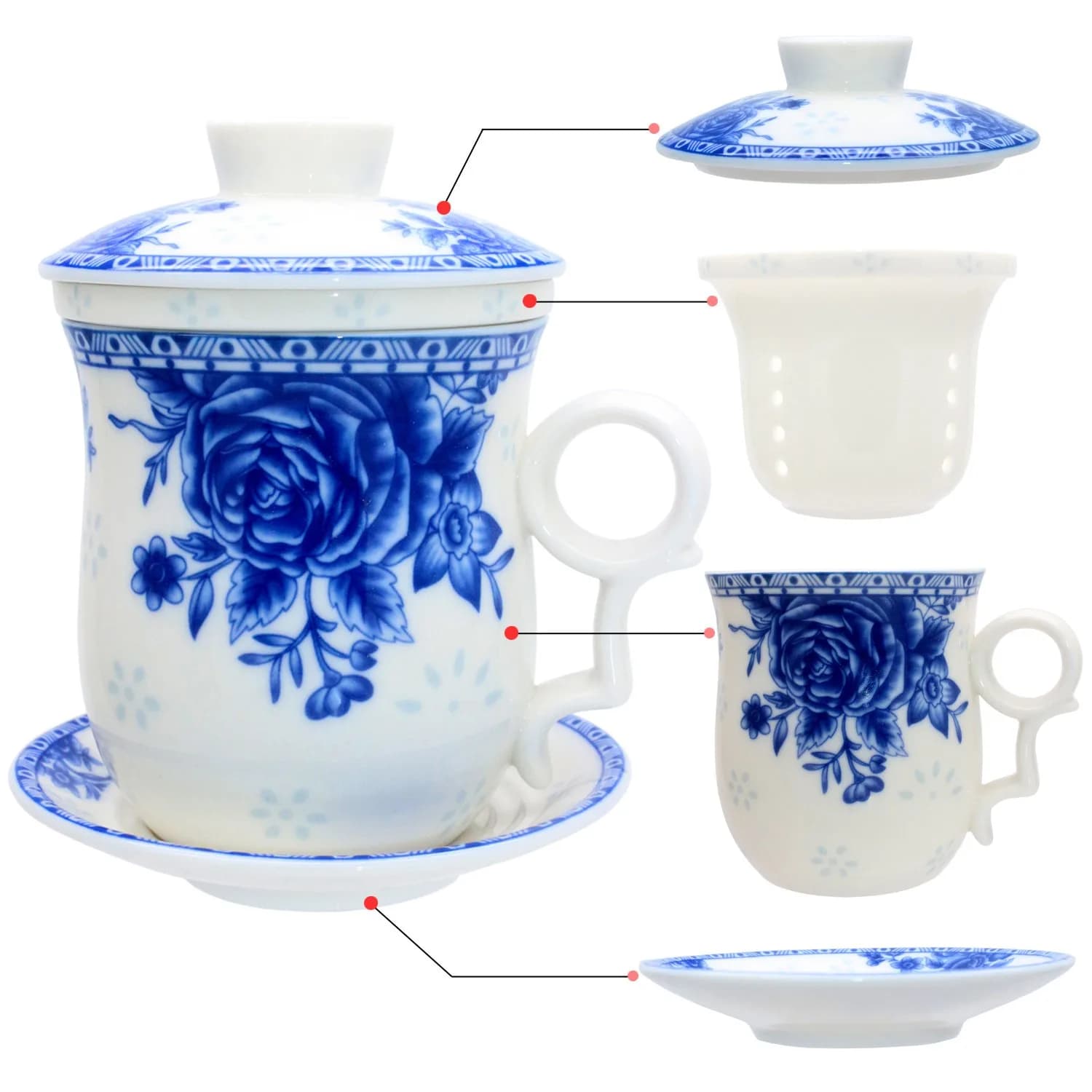 Tea Talent Porcelain Tea Cup with Infuser Lid and Saucer Set - 350ml (12 Fl Oz) | Jingdezhen Ceramics Loose Leaf Tea Brewing System — Exquisite Rose Blue and White