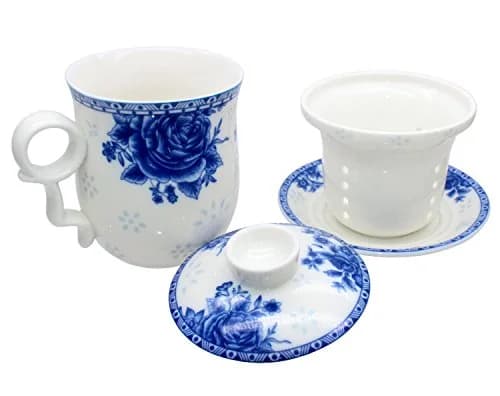 Tea Talent Porcelain Tea Cup with Infuser Lid and Saucer Set - 350ml (12 Fl Oz) | Jingdezhen Ceramics Loose Leaf Tea Brewing System thumbnail 5