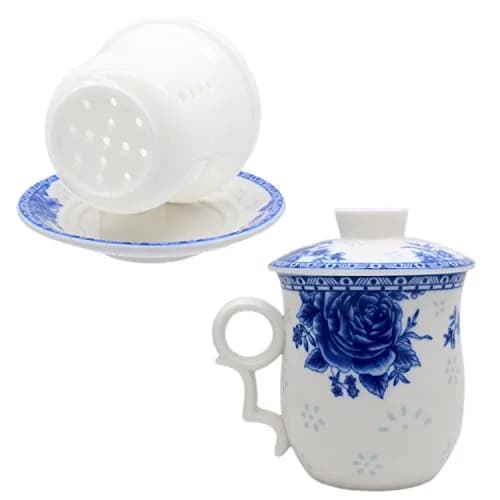 Tea Talent Porcelain Tea Cup with Infuser Lid and Saucer Set - 350ml (12 Fl Oz) | Jingdezhen Ceramics Loose Leaf Tea Brewing System thumbnail 6