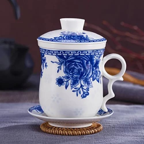 Tea Talent Porcelain Tea Cup with Infuser Lid and Saucer Set - 350ml (12 Fl Oz) | Jingdezhen Ceramics Loose Leaf Tea Brewing System thumbnail 7