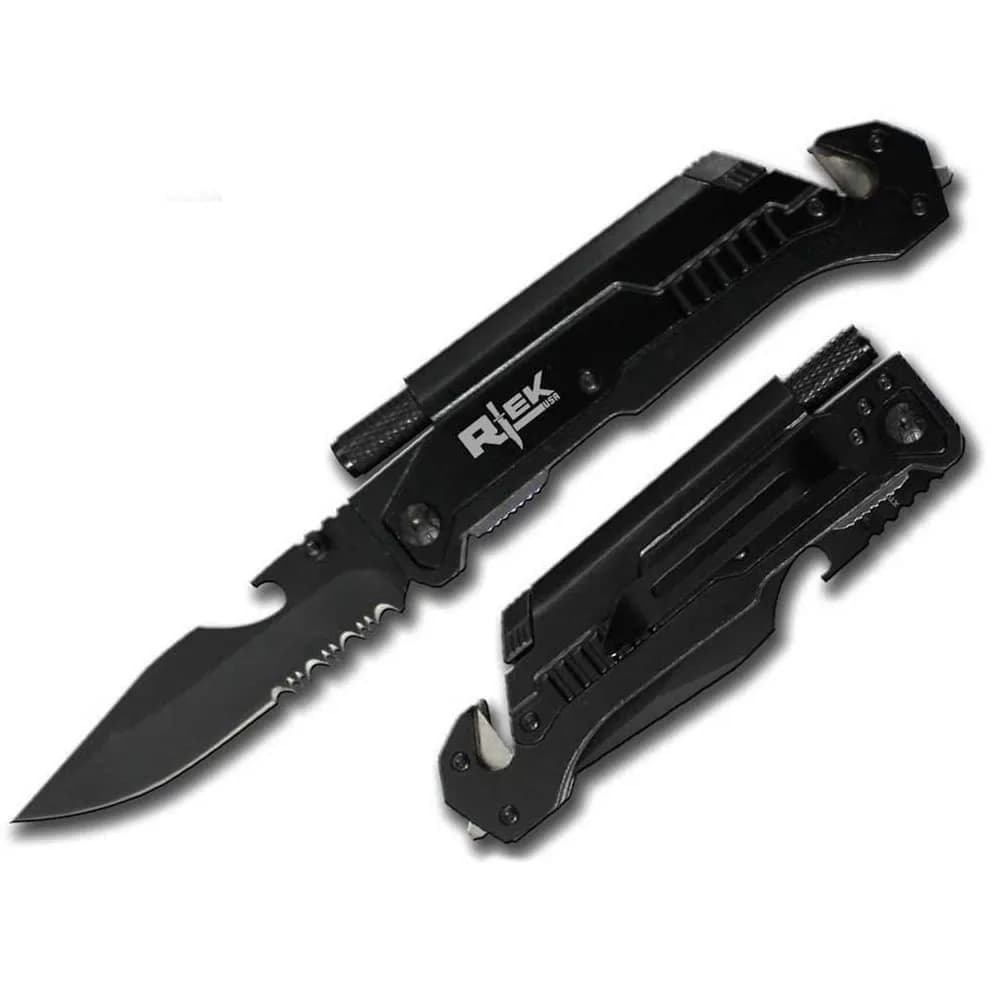 Rtek 9" Tactical Spring Assisted Black Survival Knife | 7-in-1 Rescue Tool with LED Light & Fire Starter