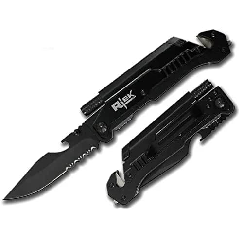 Rtek 9" Tactical Spring Assisted Black Survival Knife | 7-in-1 Rescue Tool with LED Light & Fire Starter thumbnail 1