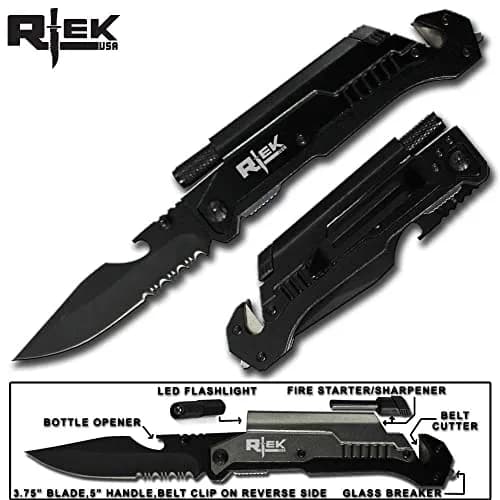 Rtek 9" Tactical Spring Assisted Black Survival Knife | 7-in-1 Rescue Tool with LED Light & Fire Starter thumbnail 2