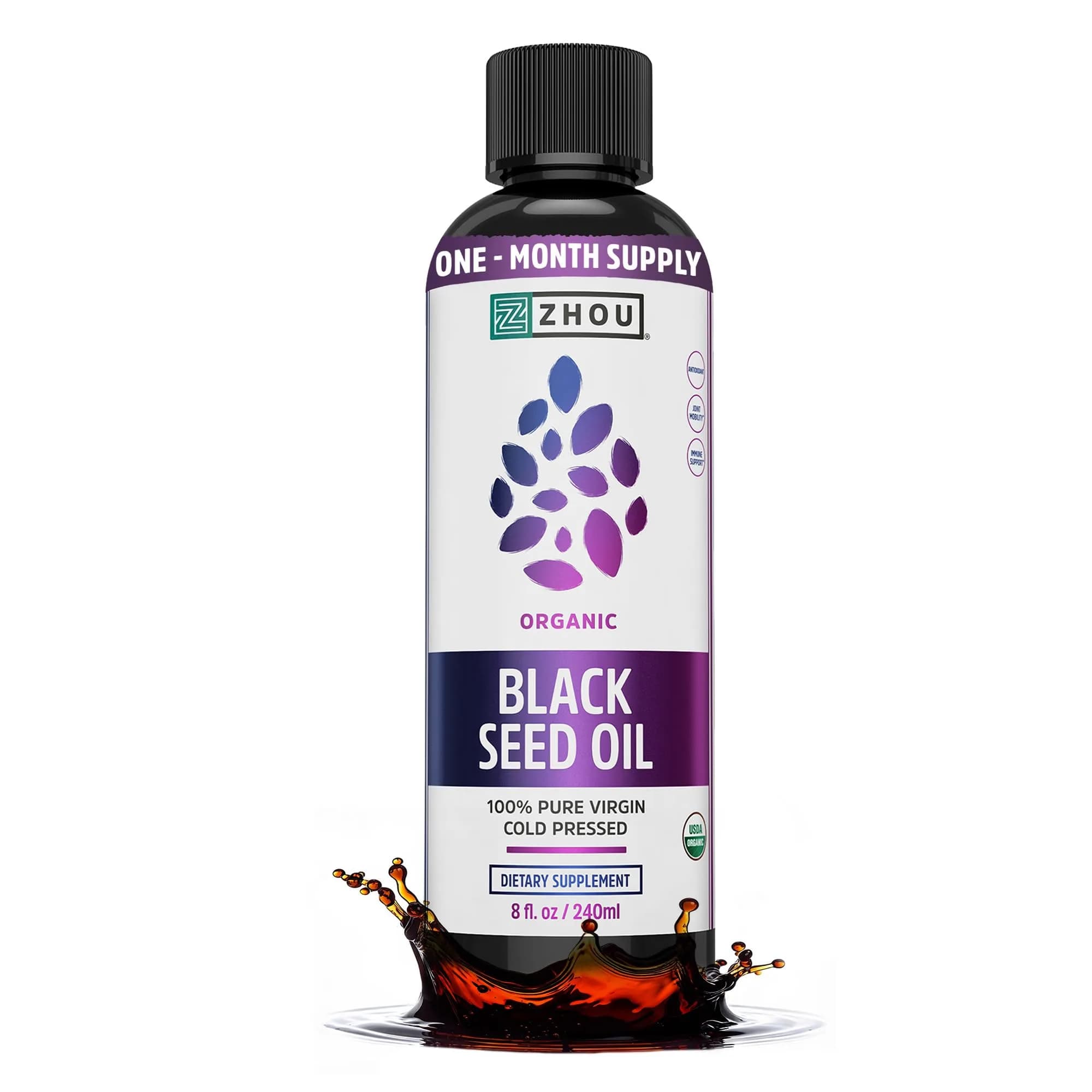 ZHOU Black Seed Oil Liquid 8 Fl Oz | Organic Cold-Pressed Supplement for Immunity & Skin