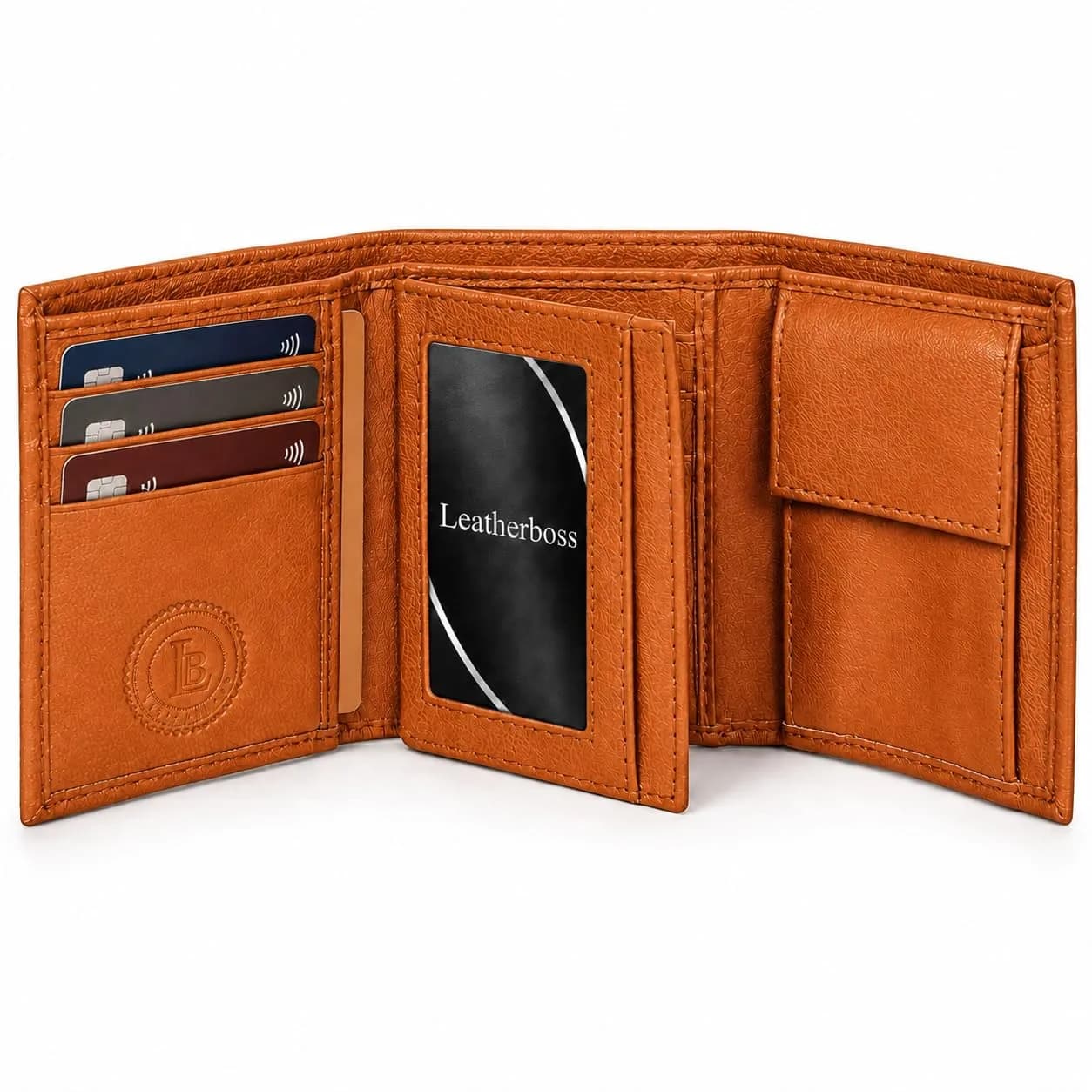 LB LEATHERBOSS Genuine Leather Trifold Wallet for Men & Women | Slim Compact Brown (10.6cm x 8.6cm x 3.5cm) — Tan