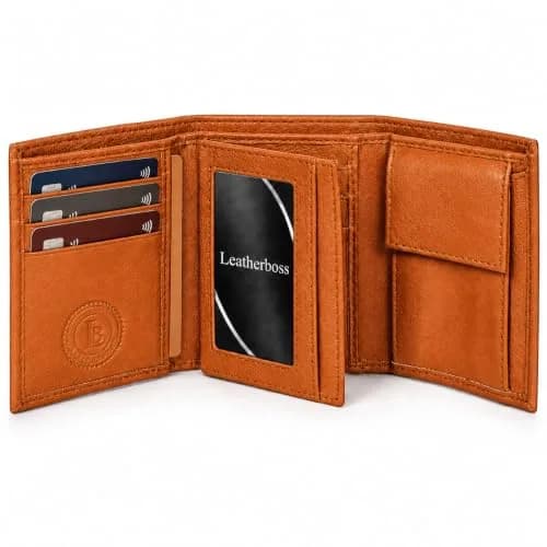 LB LEATHERBOSS Slim Compact Trifold Wallet for Men & Women | Genuine Leather, Tan, 8 Card Slots thumbnail 1