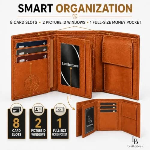 LB LEATHERBOSS Slim Compact Trifold Wallet for Men & Women | Genuine Leather, Tan, 8 Card Slots thumbnail 4