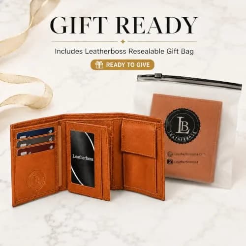 LB LEATHERBOSS Slim Compact Trifold Wallet for Men & Women | Genuine Leather, Tan, 8 Card Slots thumbnail 6