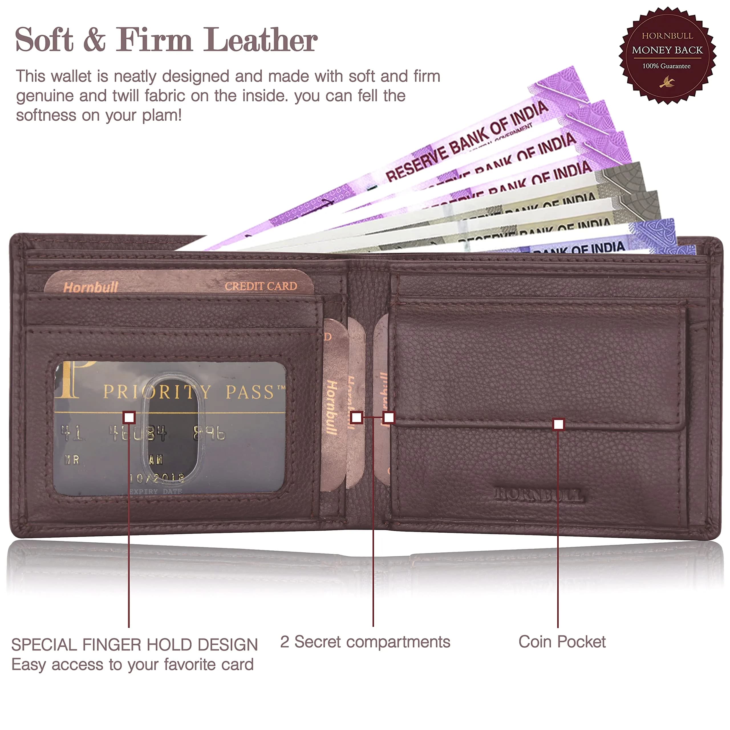 HORNBULL Brown Genuine Leather Bifold Wallet & Belt Combo for Men | 11.4cm x 9.4cm x 1.3cm (4.5in x 3.7in x 0.5in) - view 6