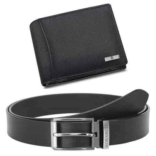HORNBULL Men's Leather Bifold Wallet and Belt Combo Gift Set | Black | 114mm x 13mm x 94mm thumbnail 1