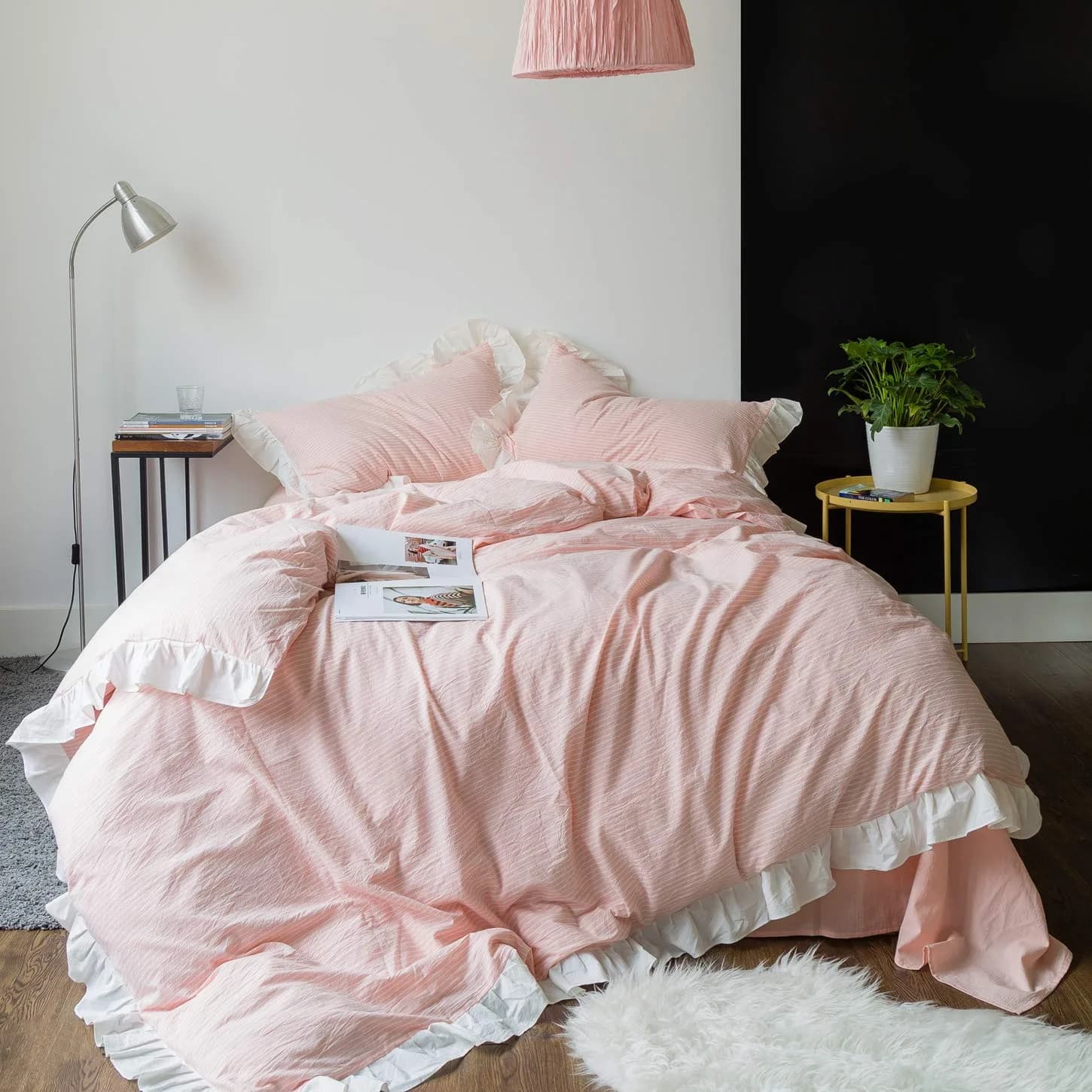 SUSYBAO Pink Ruffle Duvet Cover Queen 100% Washed Cotton | Romantic Farmhouse Bedding — Pink