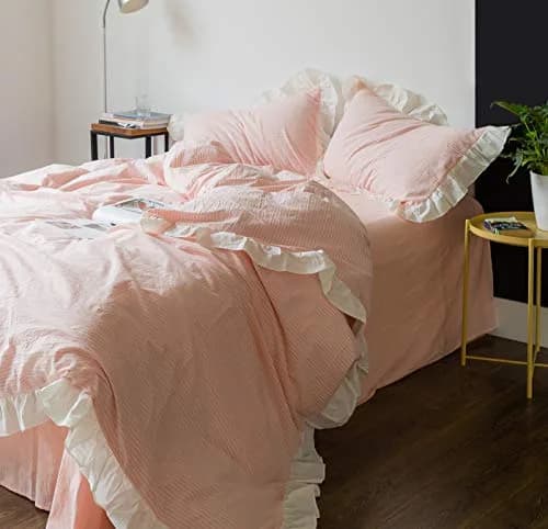 SUSYBAO Pink Ruffle Duvet Cover Queen 100% Washed Cotton | Romantic Farmhouse Bedding thumbnail 4