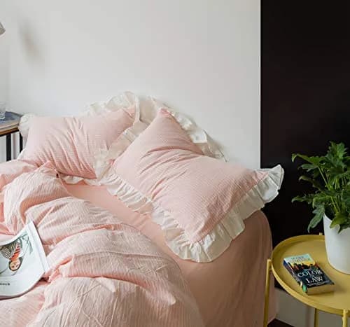 SUSYBAO Pink Ruffle Duvet Cover Queen 100% Washed Cotton | Romantic Farmhouse Bedding thumbnail 5