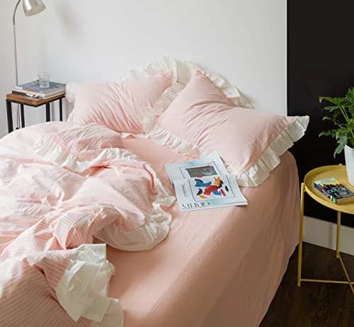 SUSYBAO Pink Ruffle Duvet Cover Queen 100% Washed Cotton | Romantic Farmhouse Bedding thumbnail 6