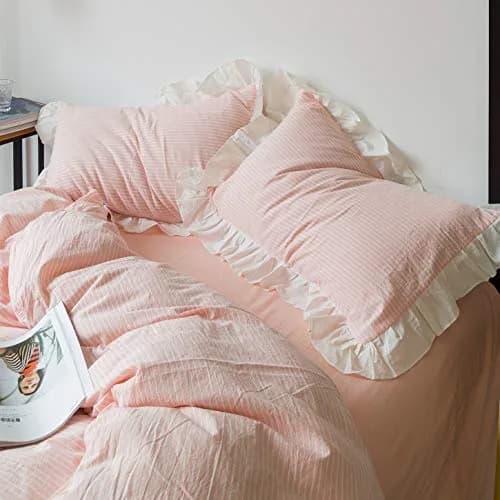 SUSYBAO Pink Ruffle Duvet Cover Queen 100% Washed Cotton | Romantic Farmhouse Bedding thumbnail 2