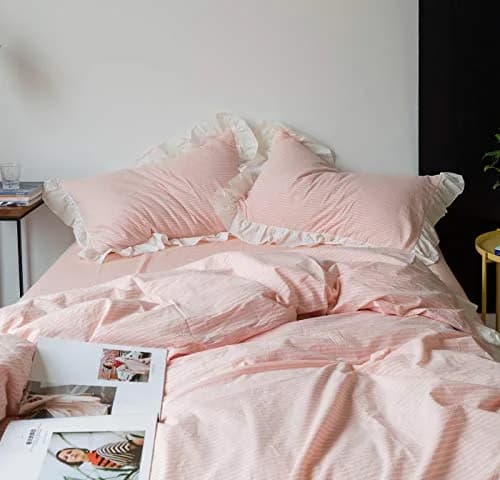 SUSYBAO Pink Ruffle Duvet Cover Queen 100% Washed Cotton | Romantic Farmhouse Bedding thumbnail 3