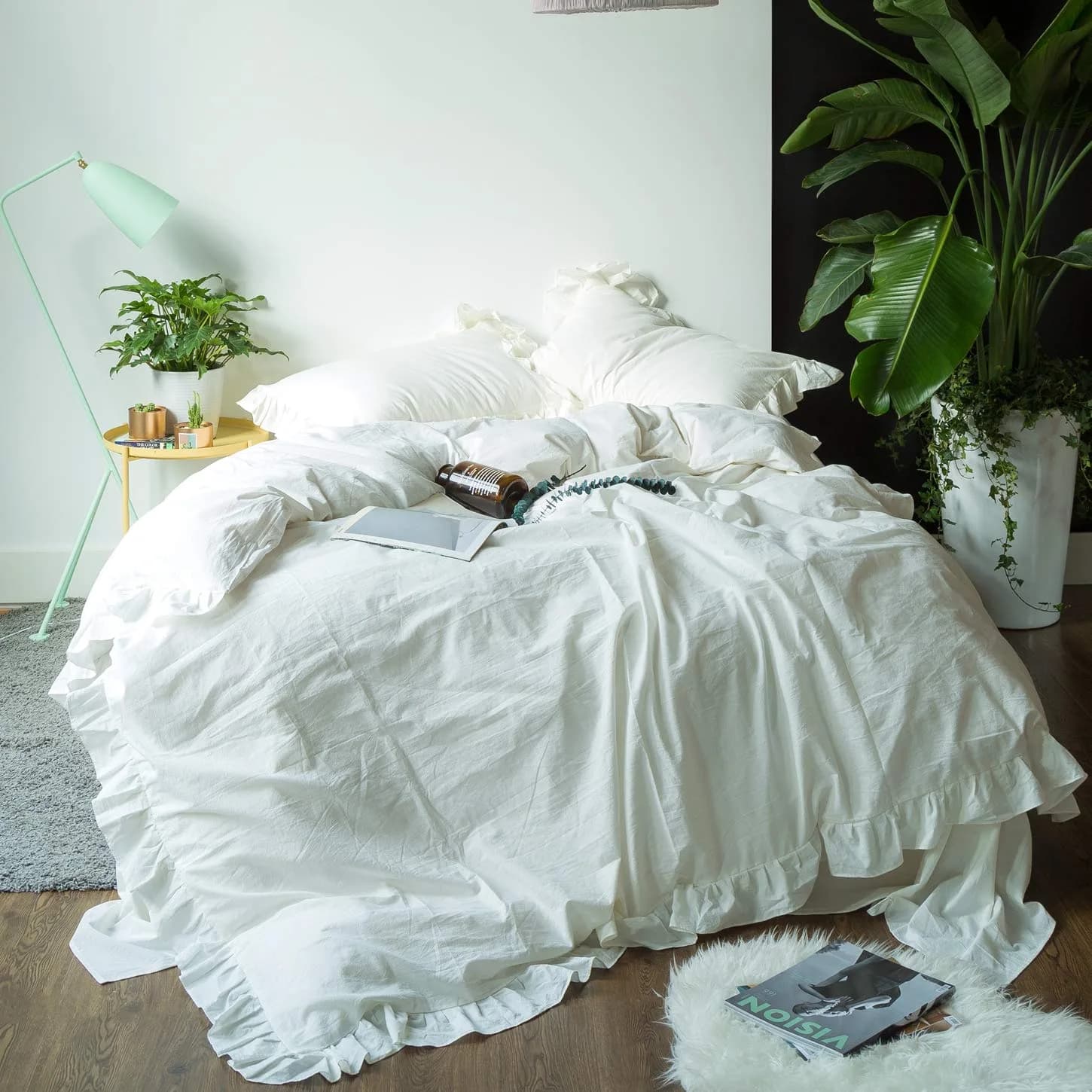 SUSYBAO White Vintage Ruffle Duvet Cover Queen 100% Washed Cotton | Farmhouse Shabby Chic Bedding — White