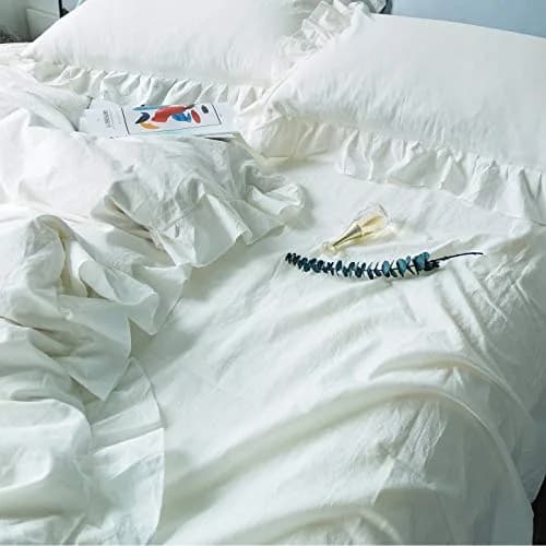 SUSYBAO White Vintage Ruffle Duvet Cover Queen 100% Washed Cotton | Farmhouse Shabby Chic Bedding thumbnail 2