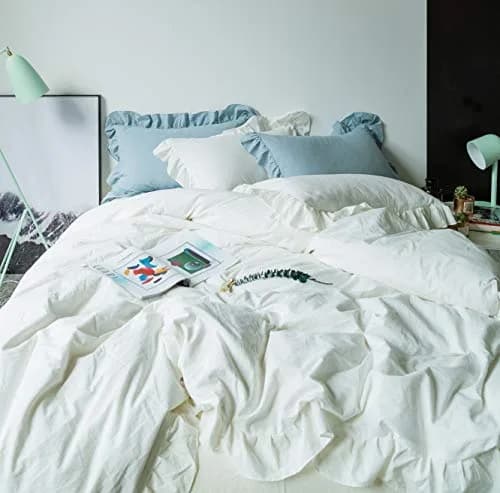 SUSYBAO White Vintage Ruffle Duvet Cover Queen 100% Washed Cotton | Farmhouse Shabby Chic Bedding thumbnail 3