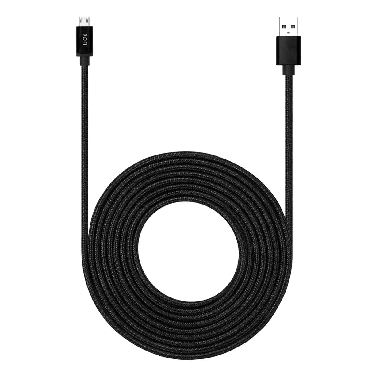 RoFI Black Micro USB Cable 4.57m (15ft) | Fast Charging 3A, Durable Nylon Braided Cord — Black