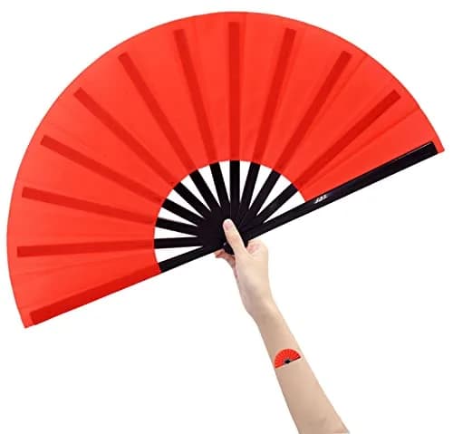 Amajiji Large Folding Hand Fan Rave Fan, Red 35cm (13.78 inches) | Easy Open Nylon Cloth for Dance & Festivals thumbnail 1