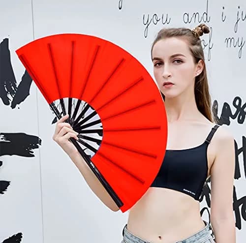 Amajiji Large Folding Hand Fan Rave Fan, Red 35cm (13.78 inches) | Easy Open Nylon Cloth for Dance & Festivals thumbnail 5