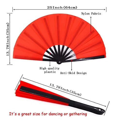 Amajiji Large Folding Hand Fan Rave Fan, Red 35cm (13.78 inches) | Easy Open Nylon Cloth for Dance & Festivals thumbnail 2