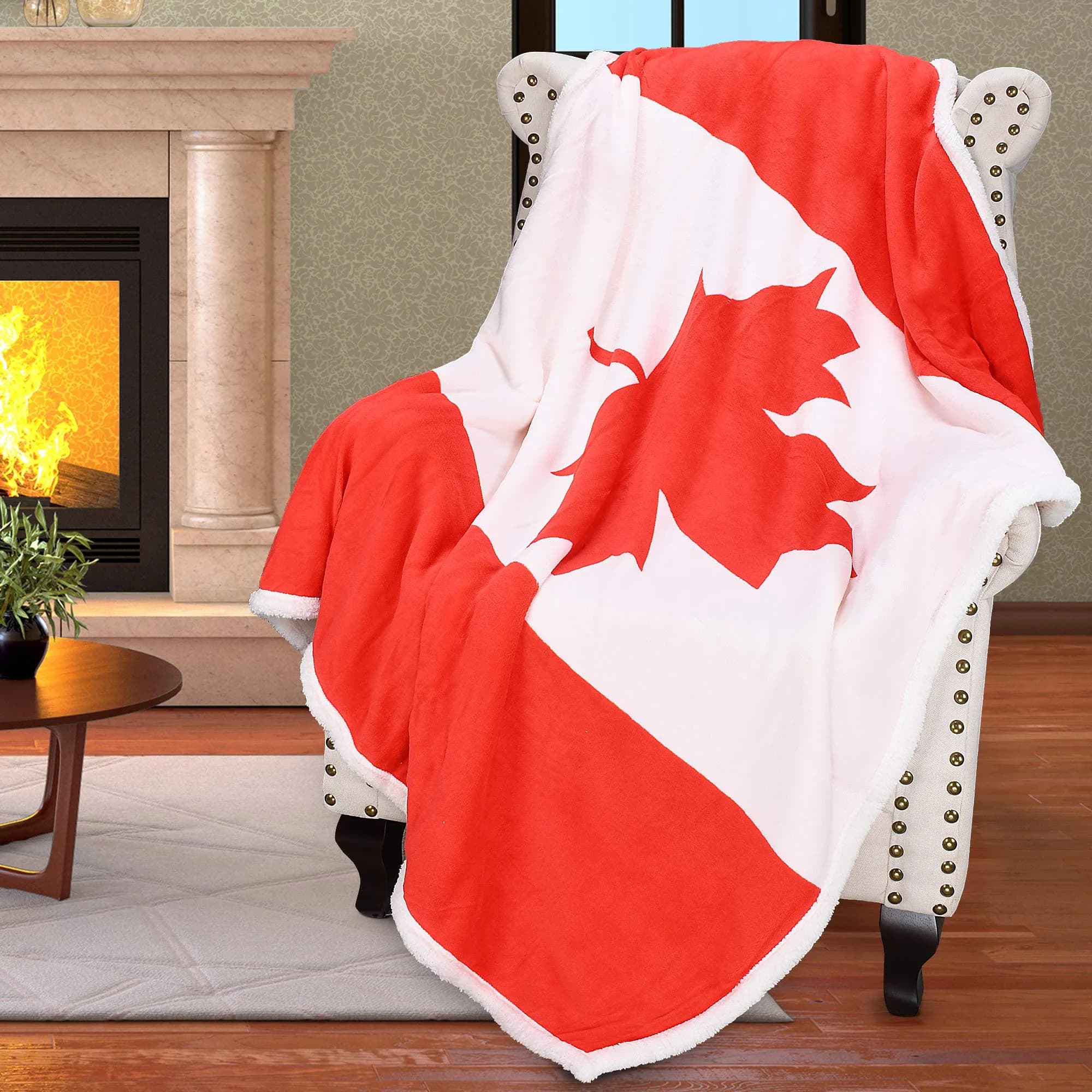 Catalonia Sherpa Fleece Blanket 60” x 50” | Reversible Polar Throw with Canada Flag Pattern
