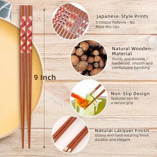 Antner Handmade Japanese Natural Wooden Chopsticks Gift Set with Box, 5 Pairs, 22.8 cm (9 inches) thumbnail 2