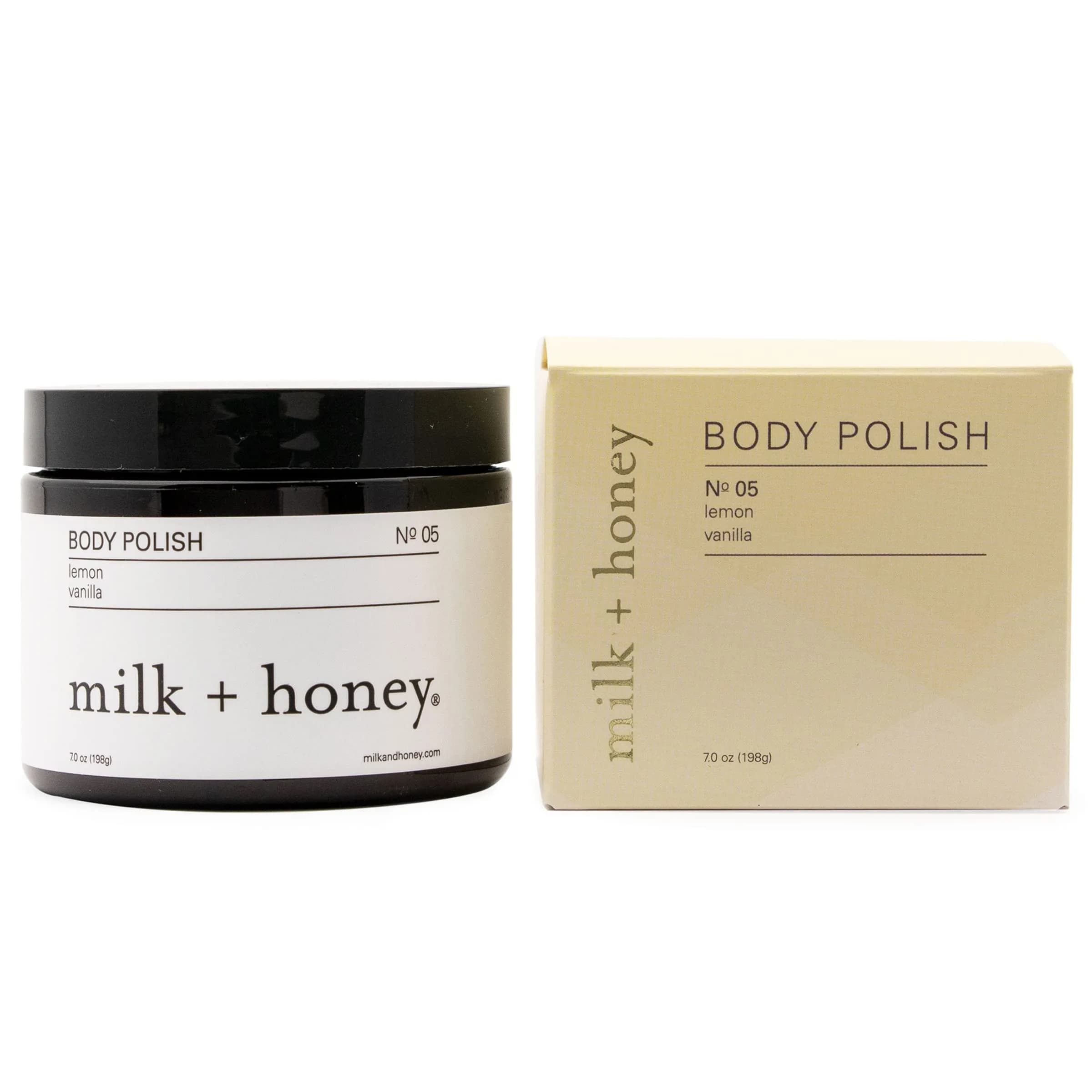 milk + honey Exfoliating Body Polish No. 5-Sea Salt & Sugar, 7 oz | Gentle scrub for sensitive skin, women & men — Lemon, and Vanilla - 7oz