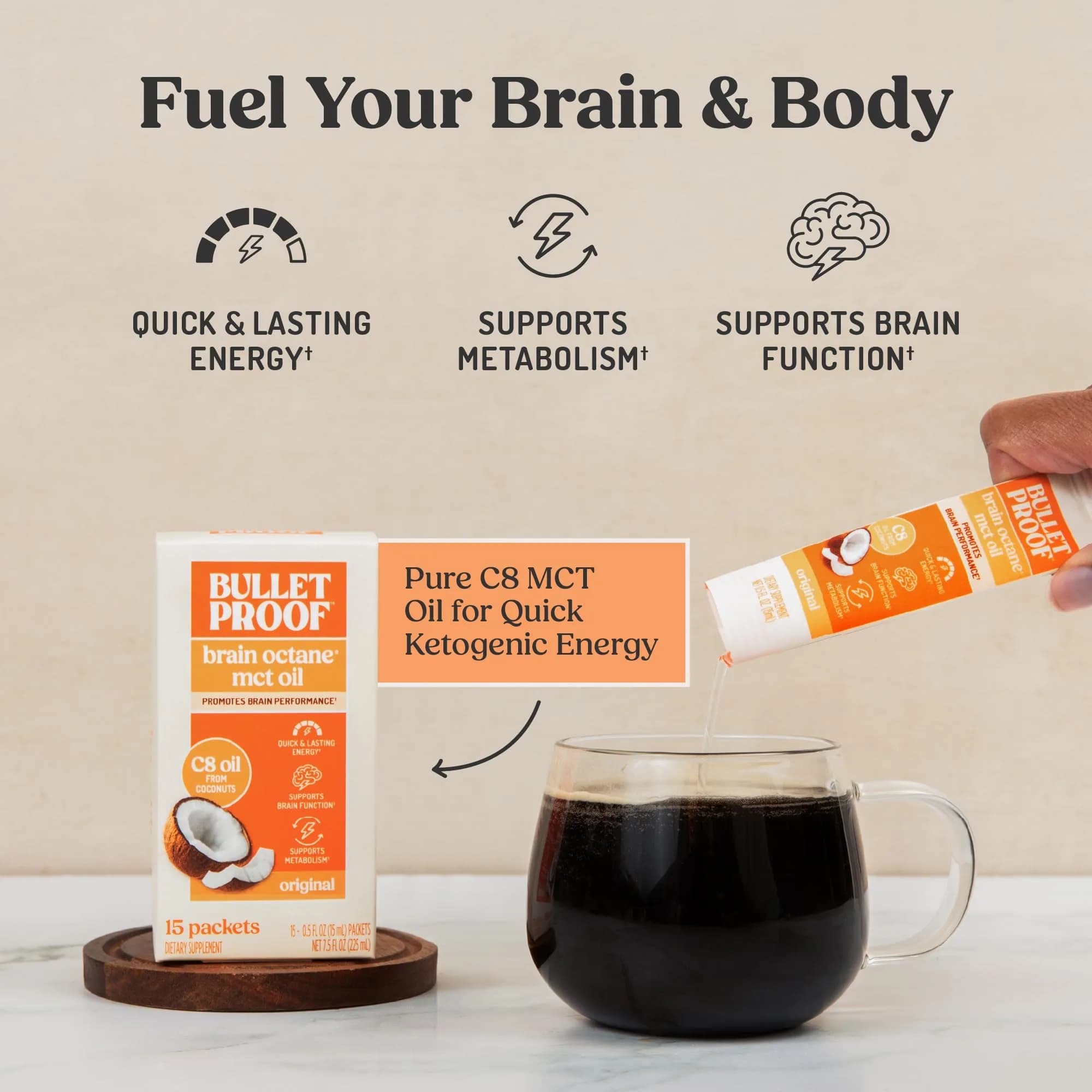 Bulletproof Brain Octane C8 MCT Oil Packets - 0.5 Fl Oz (15 Packets) | Triple-Distilled Keto Energy - view 2