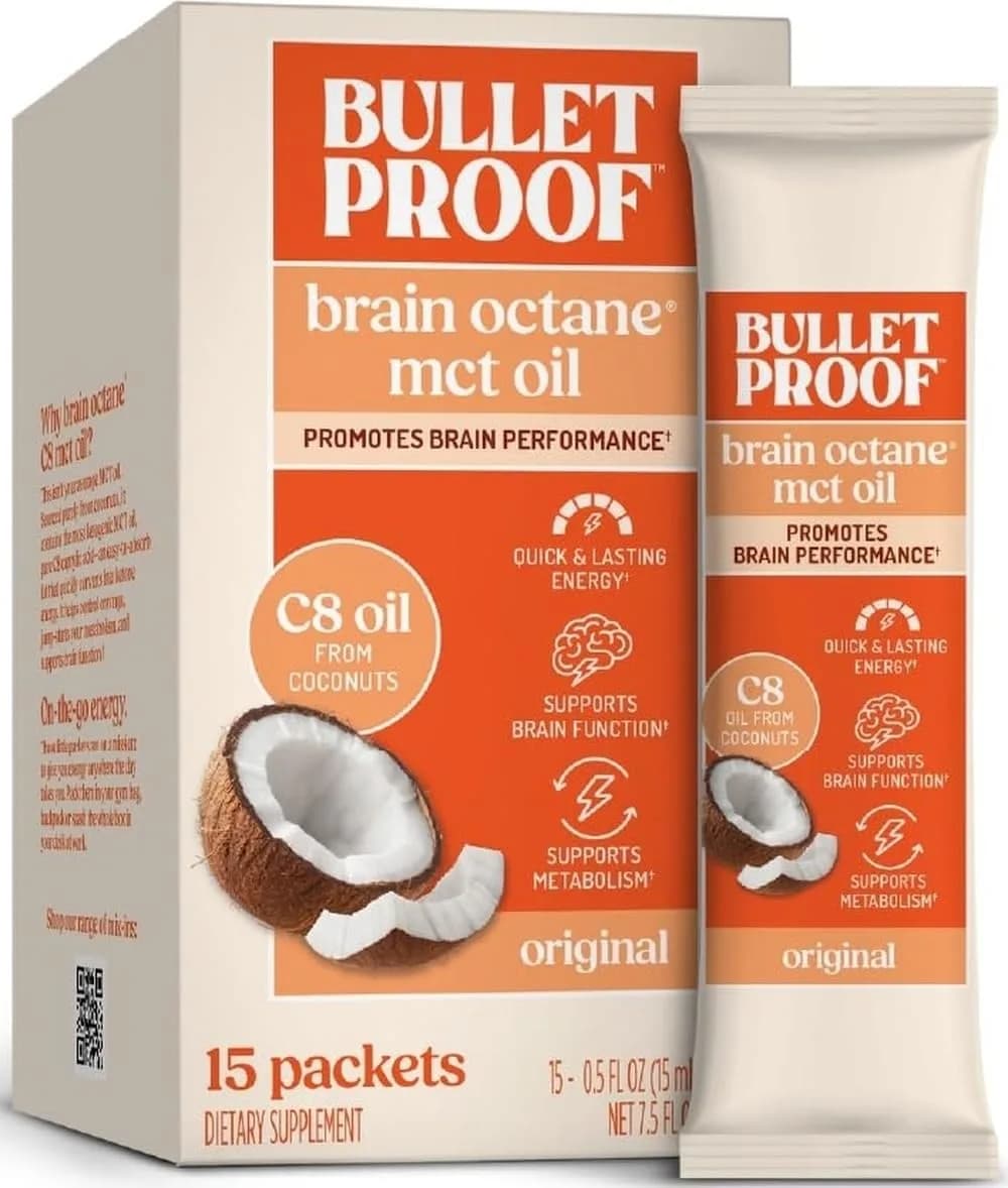 Bulletproof Brain Octane C8 MCT Oil 473ml (16 Fl Oz) | Triple-Distilled Keto Energy Supplement — 0.5 Fl Oz (15 Packets)