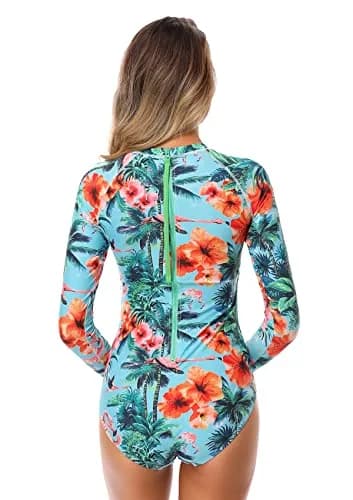 AXESEA Womens Long Sleeve Rash Guard UV UPF 50+ Sun Protection Printed Zipper Surfing One Piece Swimsuit Bathing Suit | UV UPF 50+ Sun Protection thumbnail 2