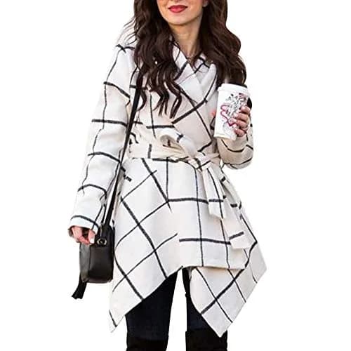 CHICWISH Wool Blend Coat Size XXXL | Off-White Geometric Wool Coat with Asymmetric Hemline thumbnail 1