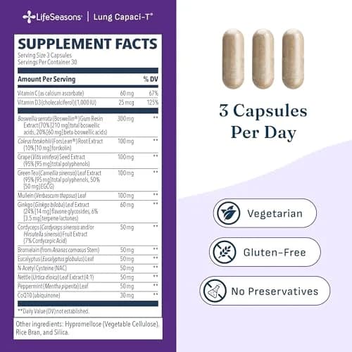 LifeSeasons Lung Capaci-T Respiratory Support Supplement 90 Capsules | Supports Oxygen Capacity & Mucus Reduction thumbnail 6