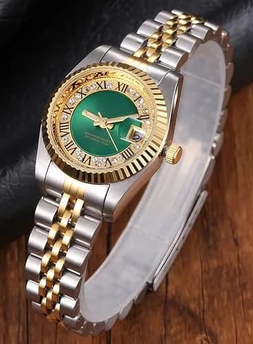 MASTOP Women's Quartz Watch 26mm (1 inch) Silver & Gold Two Tone Stainless Steel Dress Bracelet Watch with Green Dial | Luminous Hands thumbnail 4