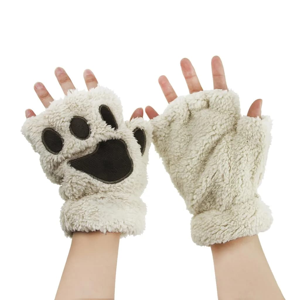 Ylucky Girls Cartoon Bear Claw Gloves Half Finger Paw Gloves Winter Warm Plush Faux Fur Mittens Hand Wear | Cute Animal Design for Cold Weather