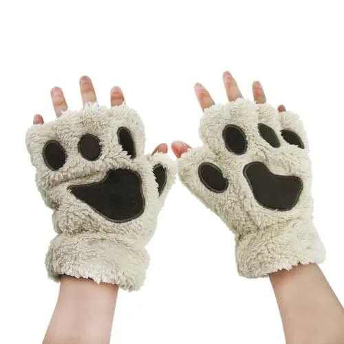 Ylucky Girls Cartoon Bear Claw Gloves Half Finger Paw Gloves Winter Warm Plush Faux Fur Mittens Hand Wear | Cute Animal Design for Cold Weather thumbnail 2