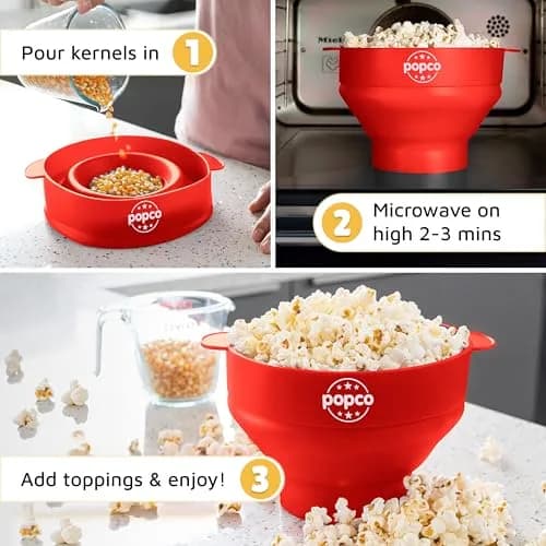 POPCO Red Microwave Popcorn Bowl - Collapsible Silicone Popper with Handles, 15 Cup Capacity | Healthy Snacks in Minutes thumbnail 5
