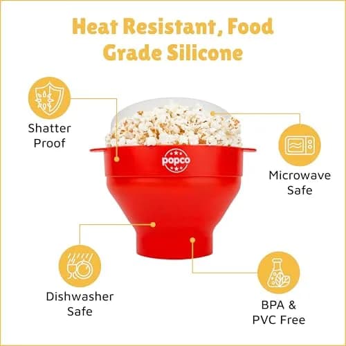 POPCO Red Microwave Popcorn Bowl - Collapsible Silicone Popper with Handles, 15 Cup Capacity | Healthy Snacks in Minutes thumbnail 6
