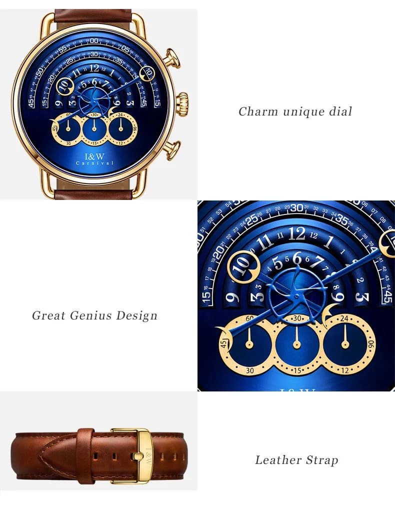 Carnival Men’s Chronograph Watch | Brown Leather Strap | 41MM Stainless Steel Case | Sapphire Glass | 30M Water Resistant thumbnail 2