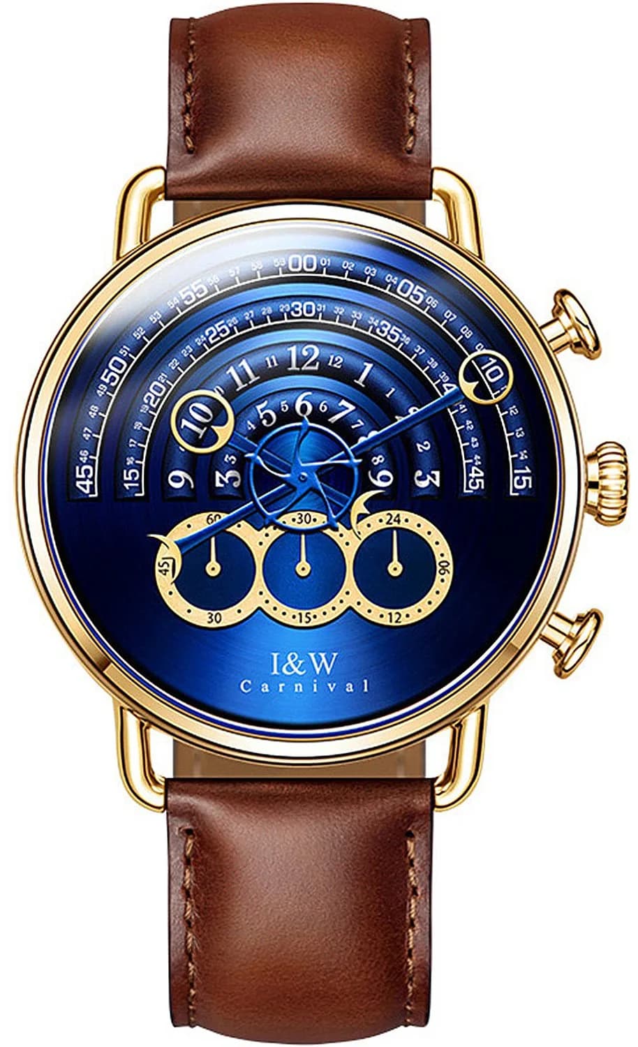 Carnival Men’s Chronograph Watch Leather Strap 41MM | Japanese Quartz, Sapphire Glass, 30M Water Resistance — Gold case & Blue dial & Brown Strap
