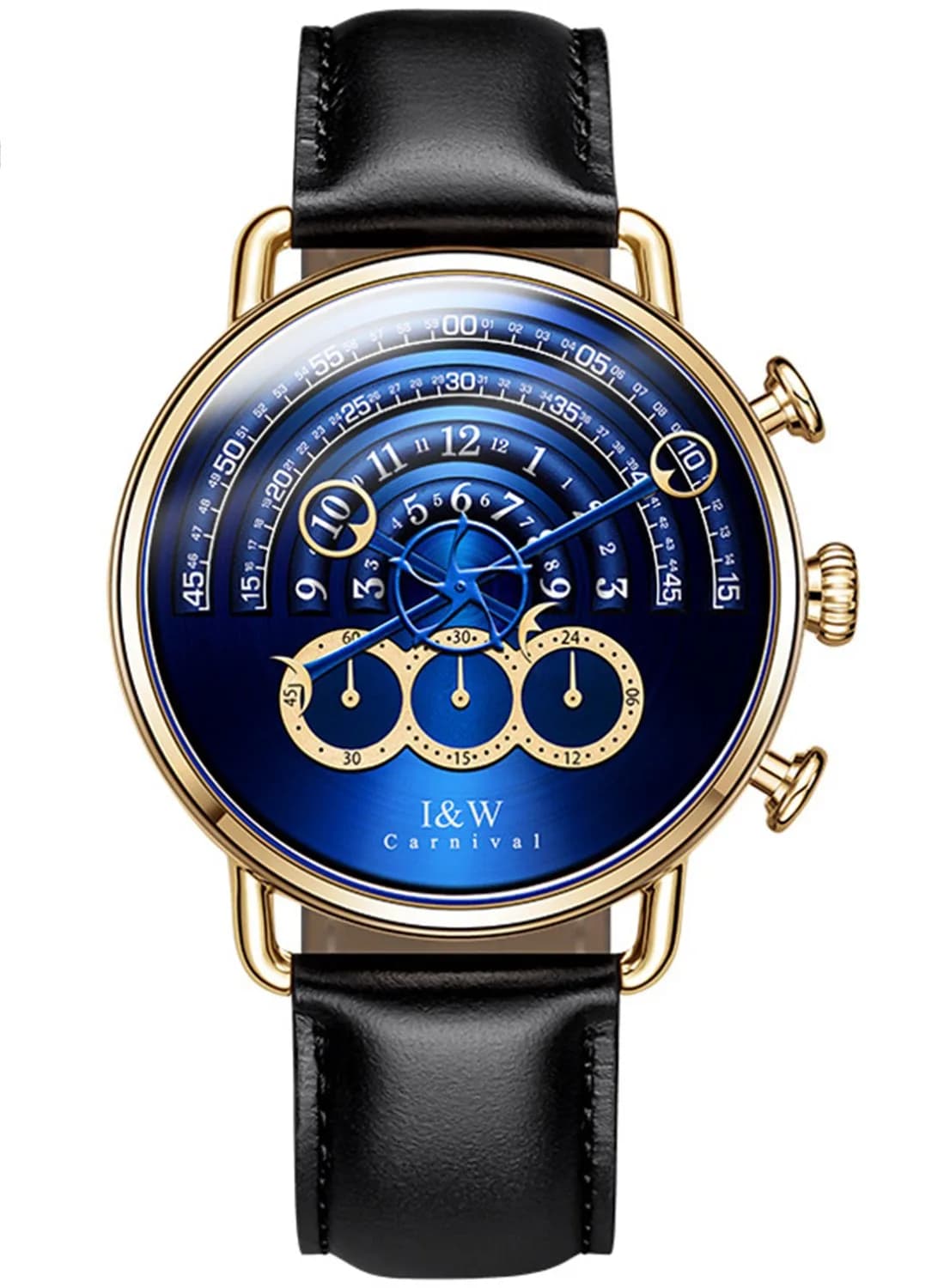 Carnival Men’s Chronograph Watch Leather Strap 41MM | Japanese Quartz, Sapphire Glass, 30M Water Resistance — Gold case & Blue dial & Black Strap