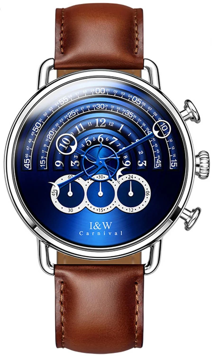 Carnival Men’s Chronograph Watch Leather Strap 41MM | Japanese Quartz, Sapphire Glass, 30M Water Resistance — Silver case & Blue dial & Brown Strap