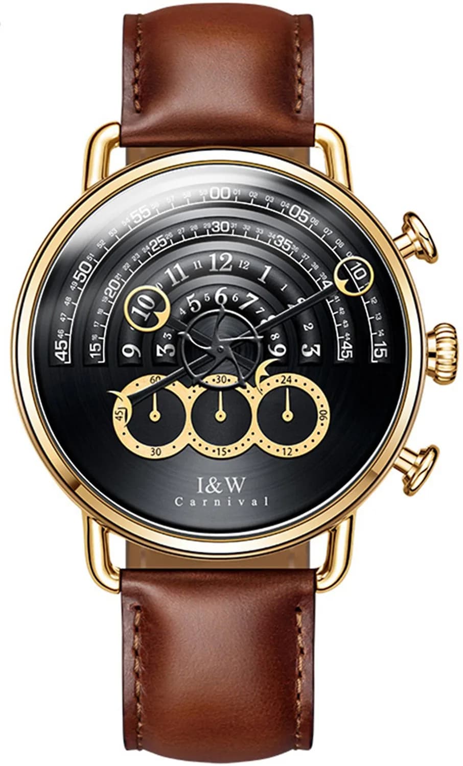 Carnival Men’s Chronograph Watch Leather Strap 41MM | Japanese Quartz, Sapphire Glass, 30M Water Resistance — Gold case & Black dial & Brown Strap