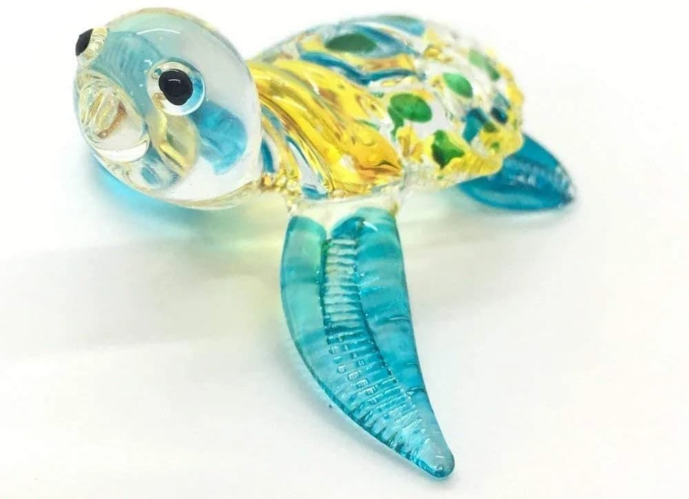 M Audomsak Hand Blown Art Glass Sea Turtle Figurine | Vibrant Coastal Decor, Unique Handmade Gift (2 in, 5.1 cm) — Blue, Green & Yellow