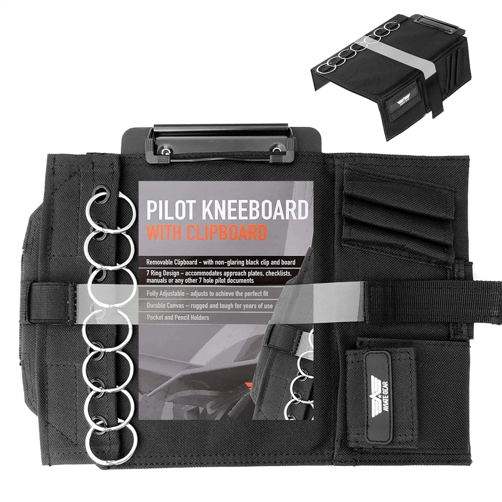 Performore Pilot Kneeboard with Clipboard & Knee Strap - Black, 11.5" x 8.5" | Organize Approach Plates & Checklists - main product image