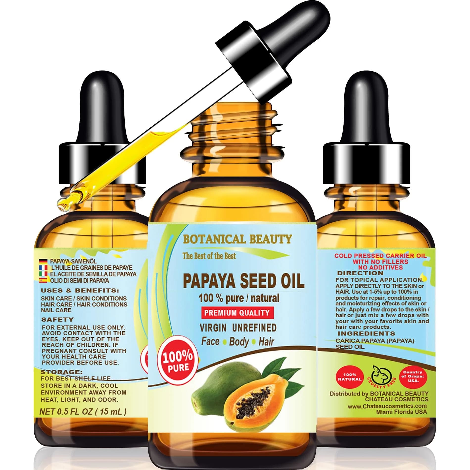 Botanical Beauty Papaya Seed Oil 15 ml | Natural Virgin Cold Pressed Face & Skin Oil for All Skin Types — 0.5 Fl Oz