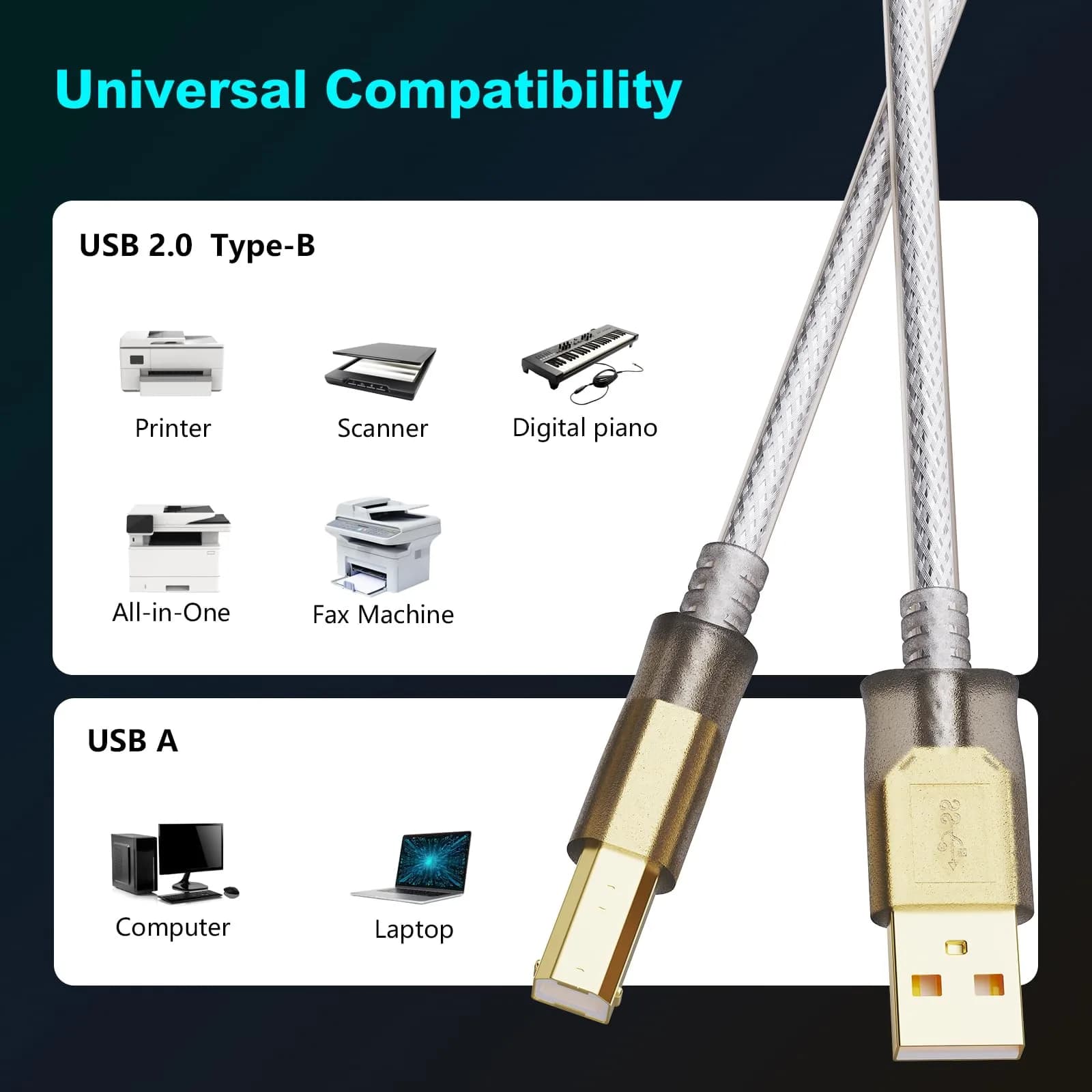 Jelly Tang USB 2.0 Printer Cable 2.43 m (8 ft) | High-Speed Data Transfer for Printers and Scanners - view 3