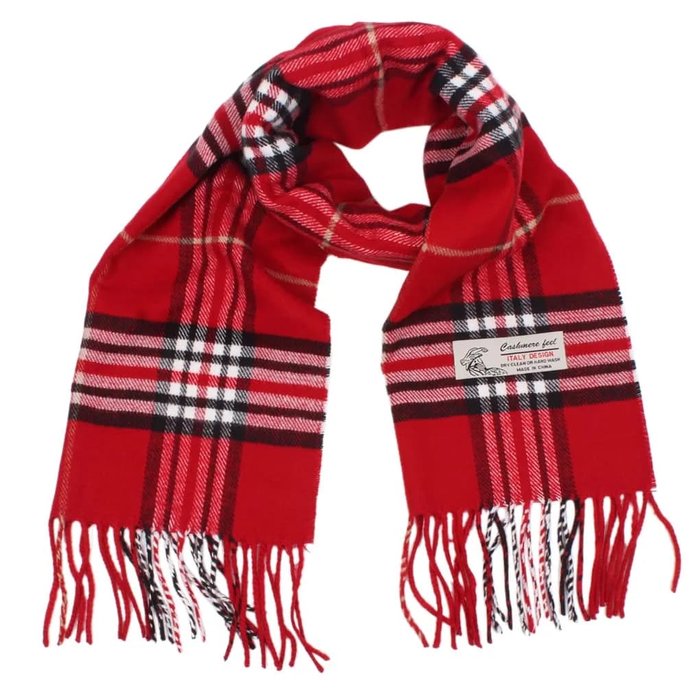 TZ Promise Plaid Cashmere Feel Scarf 183cm x 30cm (72in x 12in) | Soft Luxurious Winter Wrap — Red